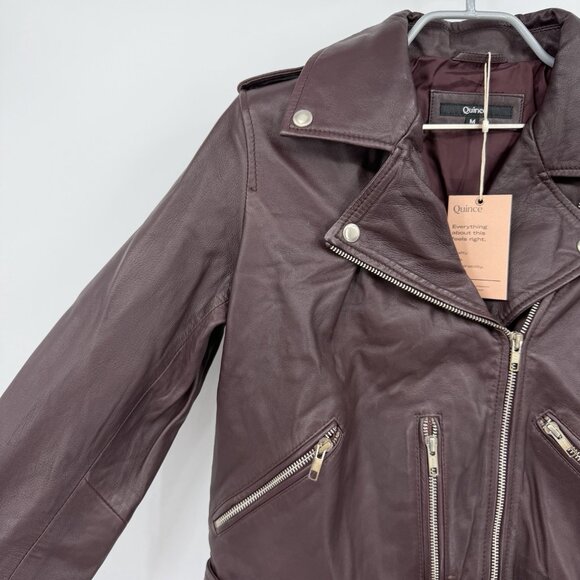 Quince Women's Port Leather Motorcycle Jacket sz M Medium Sheep Leather Belted - Picture 2 of 10